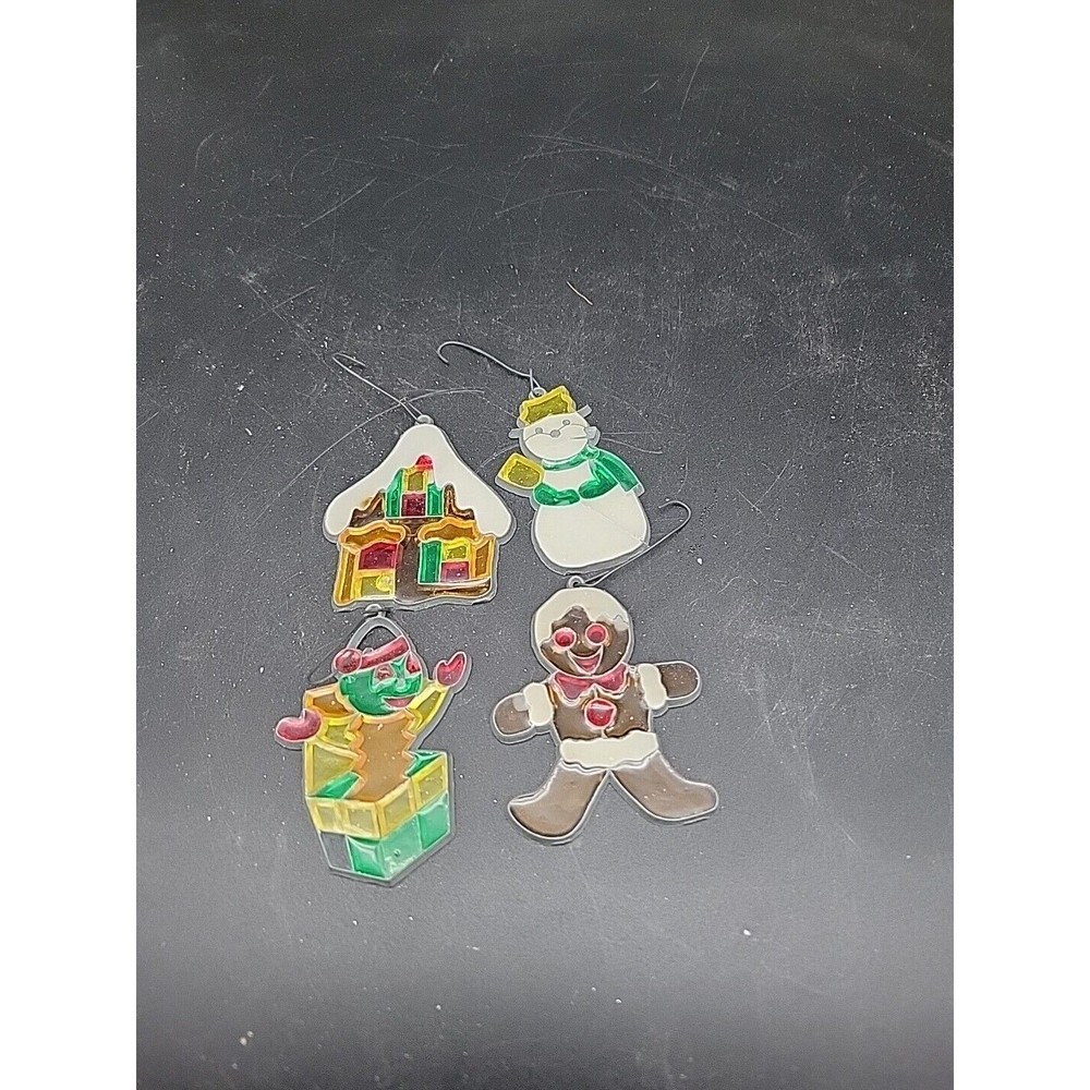 READ Vtg Stained Glass Christmas Ornaments Suncatcher Lot of 4: Snowman+
